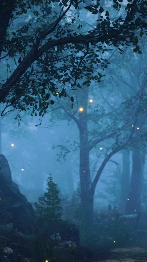 Fireflies illuminate a forest scene during the night in a foggy atmosphere Stock Footage 346678320