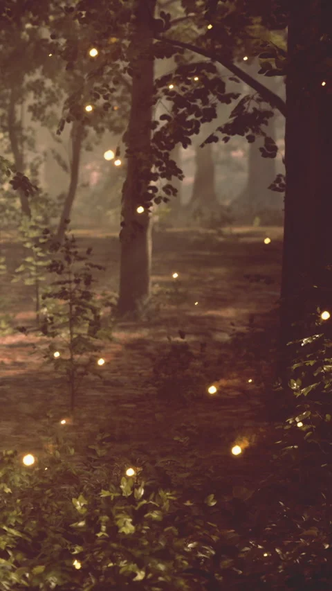 Fireflies light up forest during evening walk in quiet nature scene Stock Footage 339101268