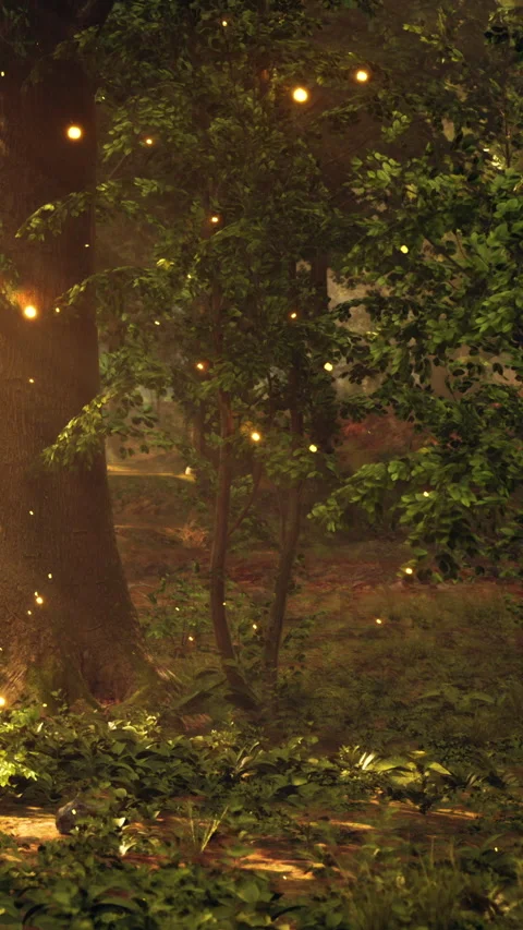 Fireflies light up the forest at night near large trees and foliage Stock Footage 339107646