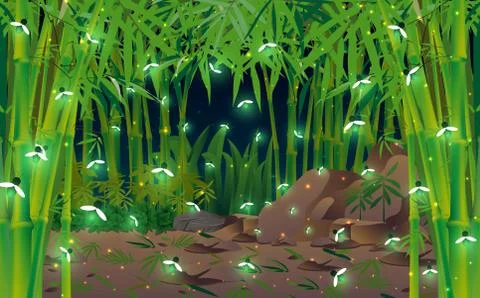 Firefly at the bamboo forest in the night Stock Illustration