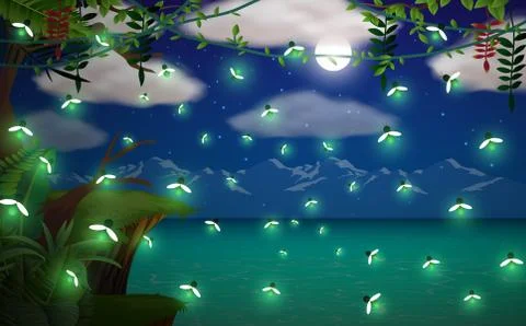 Firefly in the jungle on the cliff in full moon night Stock Illustration