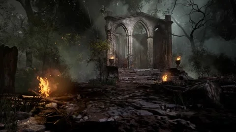 Firelit Gothic Chapel Ruins in Misty Forest Stock Footage 341291844