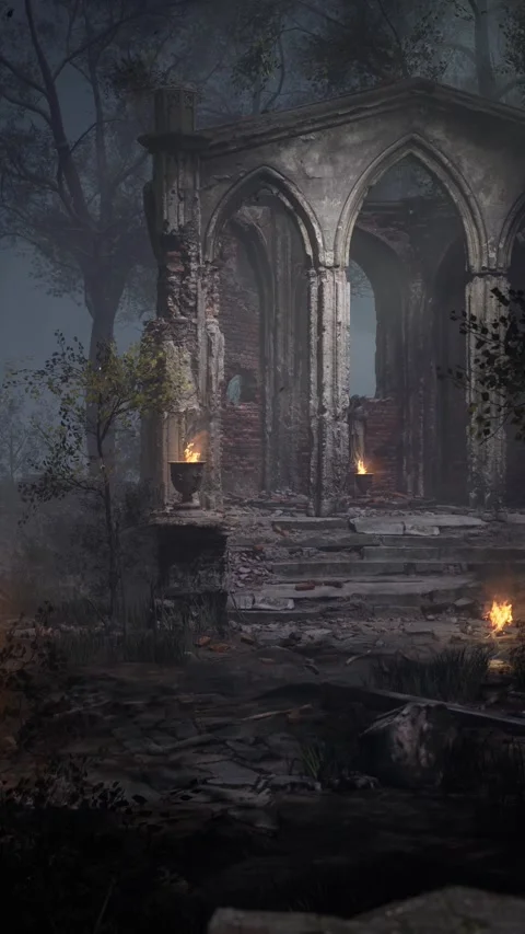 Firelit Gothic Ruins in a Misty Forest Stock Footage 340958251