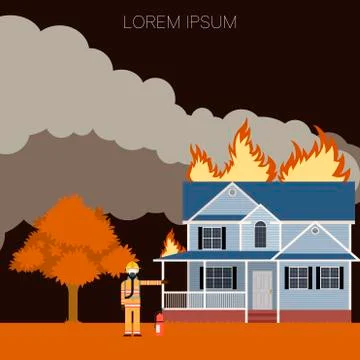Fireman and a fire in the house Stock Illustration