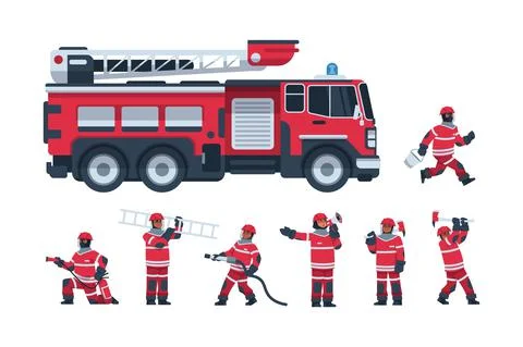 Fireman. Cartoon fire engine and firefighters. Professional rescuers extinguish Stock Illustration
