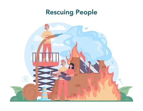 Fireman concept. Professional fire brigade firhting with flame Stock Illustration