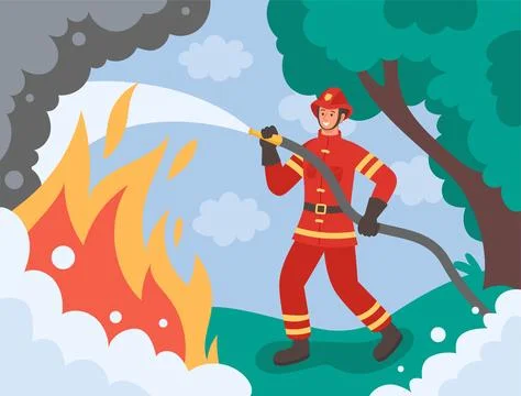 Fireman extinguishing burning tree. Fire fighter accident. Flame fight resc.. Stock Illustration