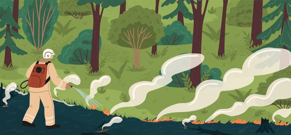 Fireman extinguishing forest on fire vector scene Stock Illustration