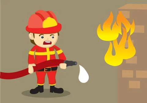 Fireman Fighting Fire with Dripping Hose 스톡 일러스트