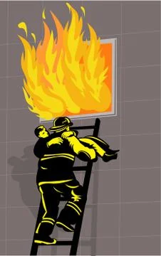Fireman fire fighter saving boy burning building Ilustración de archivo