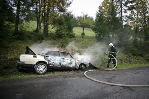 Fireman with fire hose Foto stock