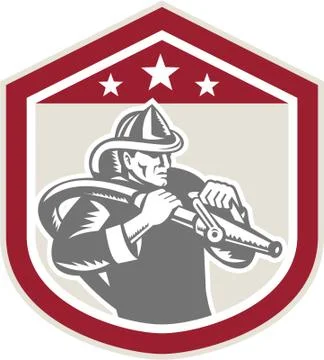 Fireman firefighter fire hose shield retro Stock Illustration