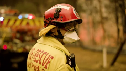 Fireman With Firetruck Stock Footage 142407312