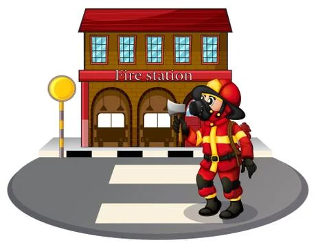 A fireman in front of the fire station Stock Illustration