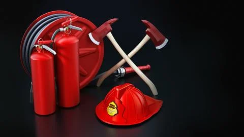 Fireman hat, hose, extinguishers and axes. 3D illustration Stock Illustration