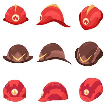 Fireman helmets icon set with front and side view. Hats of firefighter with Stock Illustration