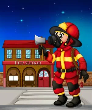 A fireman holding an ax outside the fire station Stock Illustration