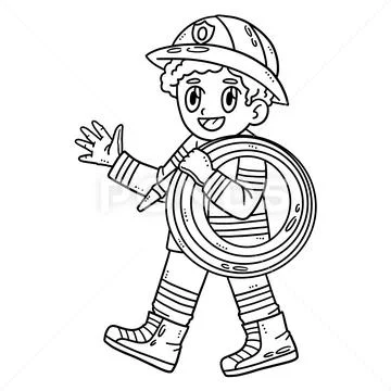 Fireman with Hose Isolated Coloring Page for Kids Illustration #238992764