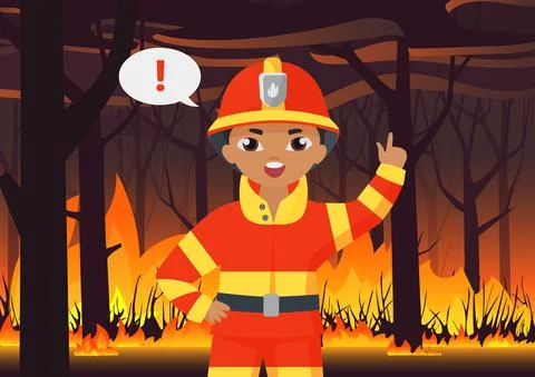 Fireman kid boy firefighter in protective uniform warning about wildfire Stock-Illustration