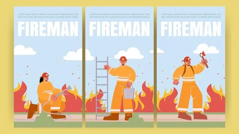 Fireman poster with fire brigade with extinguisher Stock Illustration