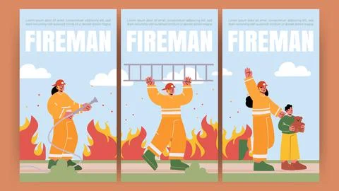 Fireman poster with fire brigade with water hose Ilustración de archivo