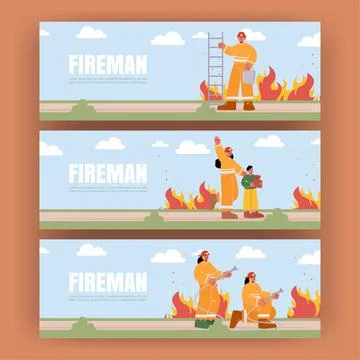 Fireman poster with fire brigade with water hose Stock Illustration