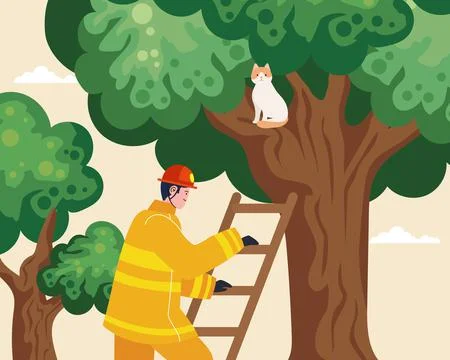 Fireman rescuing cat in tree Stock Illustration