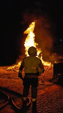 Fireman saving a fire with the hose on the ground Stock Photos