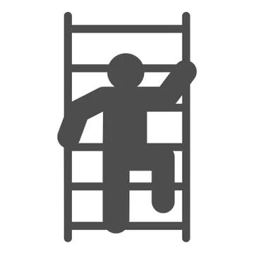 Fireman scaling ladder solid icon. Man on the stairs fire escape glyph style Illustrazione stock