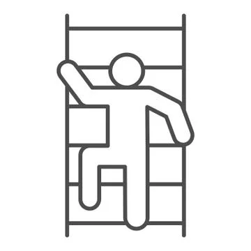 Fireman scaling ladder thin line icon. Man on the stairs fire escape outline Illustrazione stock