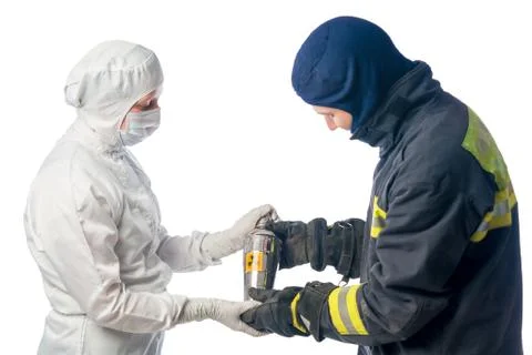 Fireman sends container with radiation chemist in the laboratory on a white.. Stock Photos