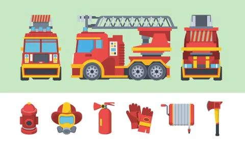 Fireman set. Special fire fighting vehicle fleet outdoor water column mask with Stock-Illustration