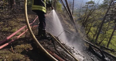 Fireman spraying water, forest burn - 4K Stock Footage 75176543