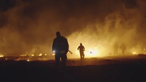 Fireman team extinguish large bushfire fire in field, slow motion Stock Footage 308658172