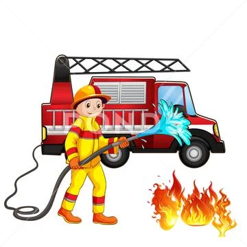 A fireman using a hose to put out water on a burning vehicle: Royalty ...