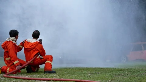 Fireman wear hard hat, safety suit uniform Stock Footage 337748832