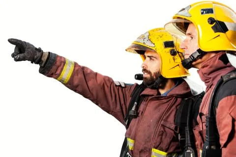 Firemen analyzing fire isolated. Stock Photos