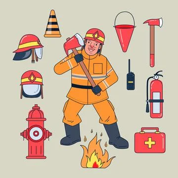 Firemen and work equipment such as fire suits, fire helmets, traffic cones Stock Illustration