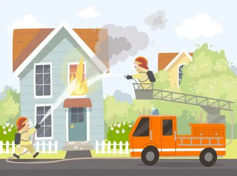 Firemen put out house fire. Stock Illustration