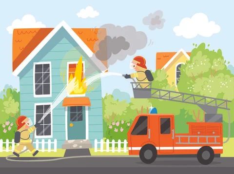 Firemen put out house fire. Illustrazione stock