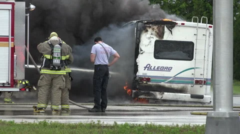 Firemen Respond To Burning RV 01 스톡 동영상 48688890