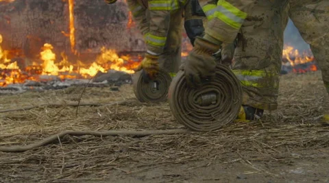 Firemen roll up hoses Stock Footage 61181397