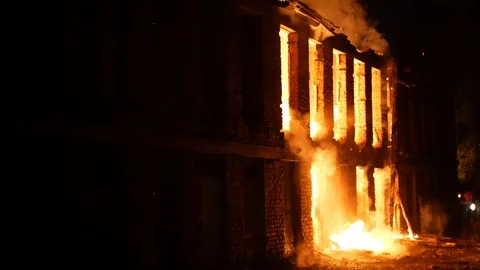 Firemen stop fire at night fire engine Stock Footage 115841400