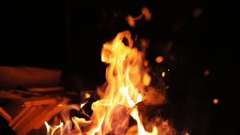 Firepace in the dark night campfire fire wood burn burnt coal flame footage hot Stock Footage 104883069