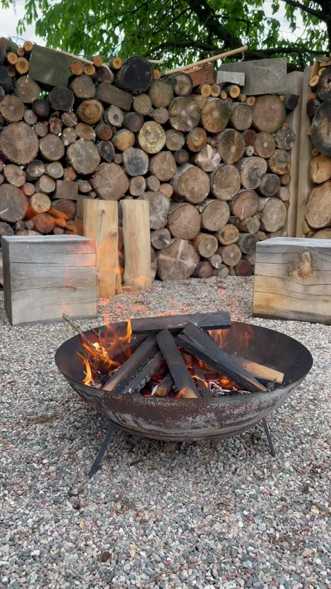 Firepit with burning wood outdoors. BBQ place at the yard Stock Footage 209632910