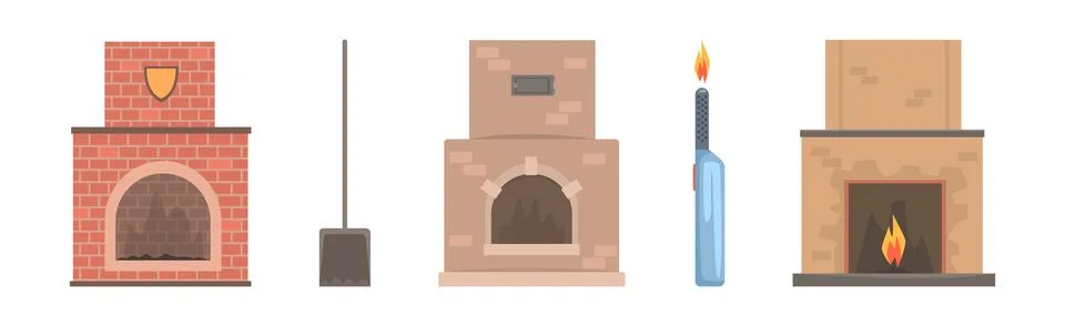 Fireplace and Hearth Design Element and Object Vector Set Ilustración de archivo