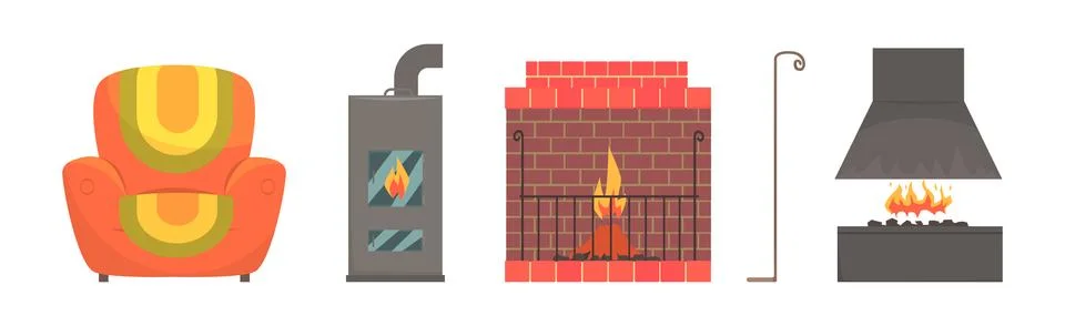 Fireplace and Hearth Design Element and Object Vector Set Stock Illustration
