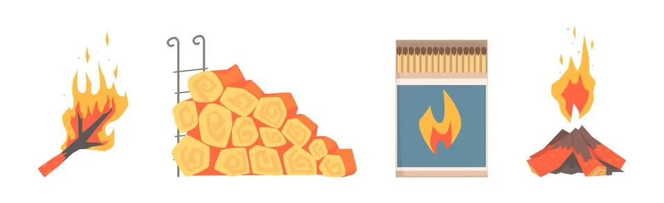 Fireplace and Hearth Design Element and Object Vector Set Stock Illustration