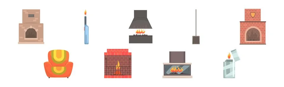 Fireplace and Hearth Design Element and Object Vector Set Stock Illustration