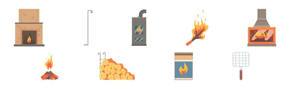 Fireplace and Hearth Design Element and Object Vector Set Stock Illustration